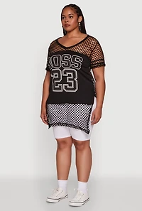 Womens Plus Fishnet Boss 23 Rhinestone Graphic Top with Varsity Stripe Details,