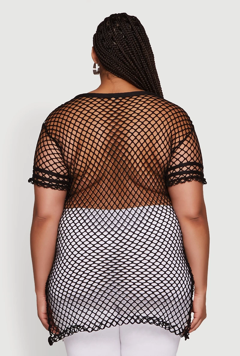 Plus Fishnet Boss 23 Rhinestone Graphic Top with Varsity Stripe Details