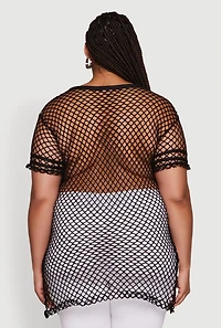 Plus Fishnet Boss 23 Rhinestone Graphic Top with Varsity Stripe Details