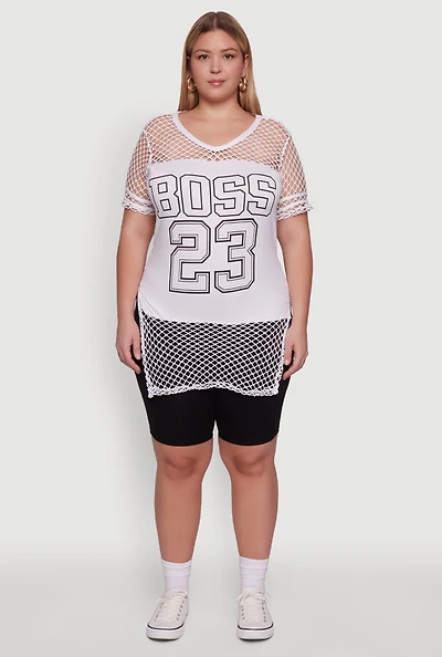 Plus Fishnet Boss 23 Rhinestone Graphic Top with Varsity Stripe Details