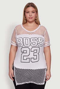 Womens Plus Size Fishnet Boss 23 Rhinestone Graphic Top with Varsity Stripe Details, White, Size 4X