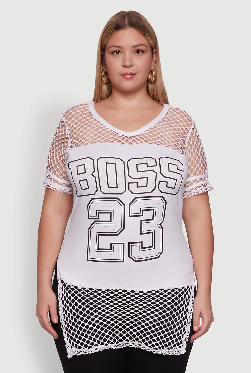 Womens Plus Size Fishnet Boss 23 Rhinestone Graphic Top with Varsity Stripe Details, White, Size 4X