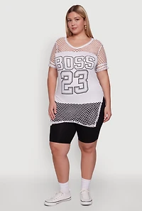 Womens Plus Size Fishnet Boss 23 Rhinestone Graphic Top with Varsity Stripe Details, White, Size 4X