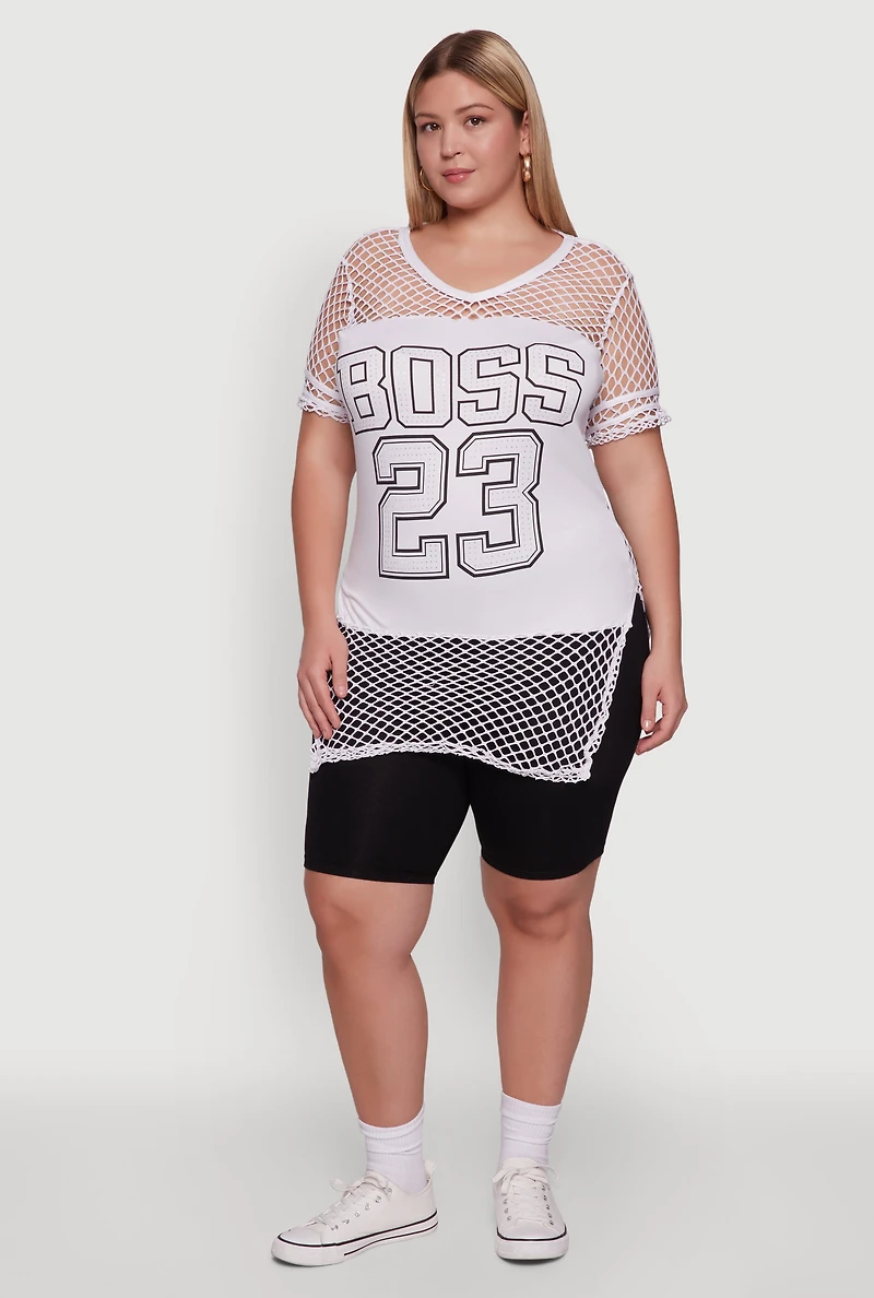 Womens Plus Size Fishnet Boss 23 Rhinestone Graphic Top with Varsity Stripe Details, White, Size 4X