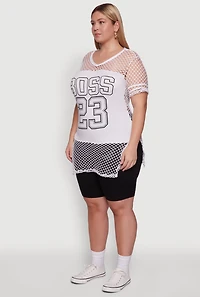 Womens Plus Size Fishnet Boss 23 Rhinestone Graphic Top with Varsity Stripe Details, White, Size 4X
