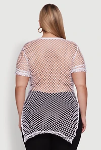 Womens Plus Size Fishnet Boss 23 Rhinestone Graphic Top with Varsity Stripe Details, White, Size 4X