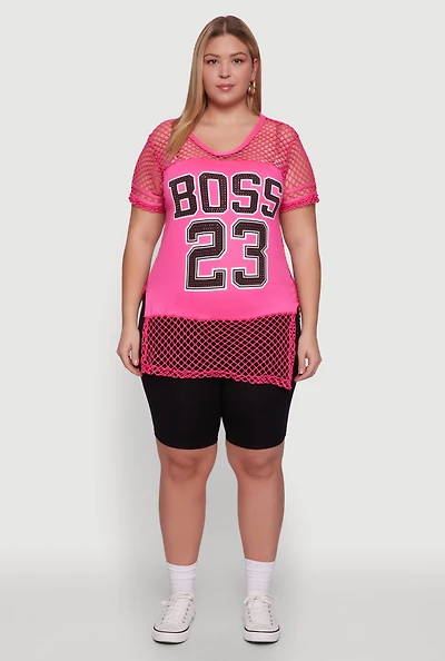 Womens Plus Fishnet Boss 23 Rhinestone Graphic Top with Varsity Stripe Details,