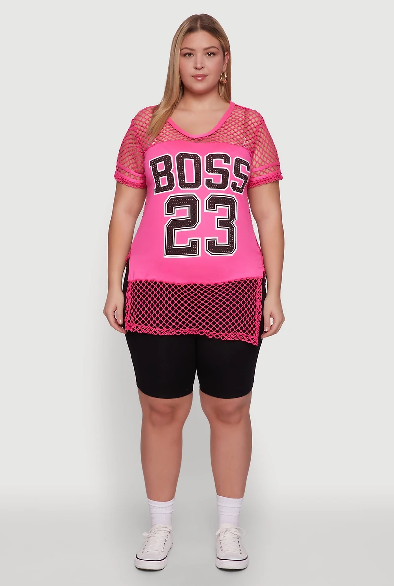 Womens Plus Fishnet Boss 23 Rhinestone Graphic Top with Varsity Stripe Details, Pink,