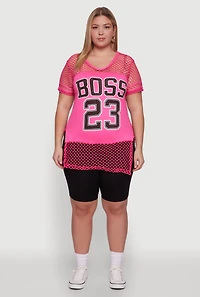 Womens Plus Fishnet Boss 23 Rhinestone Graphic Top with Varsity Stripe Details, Pink,