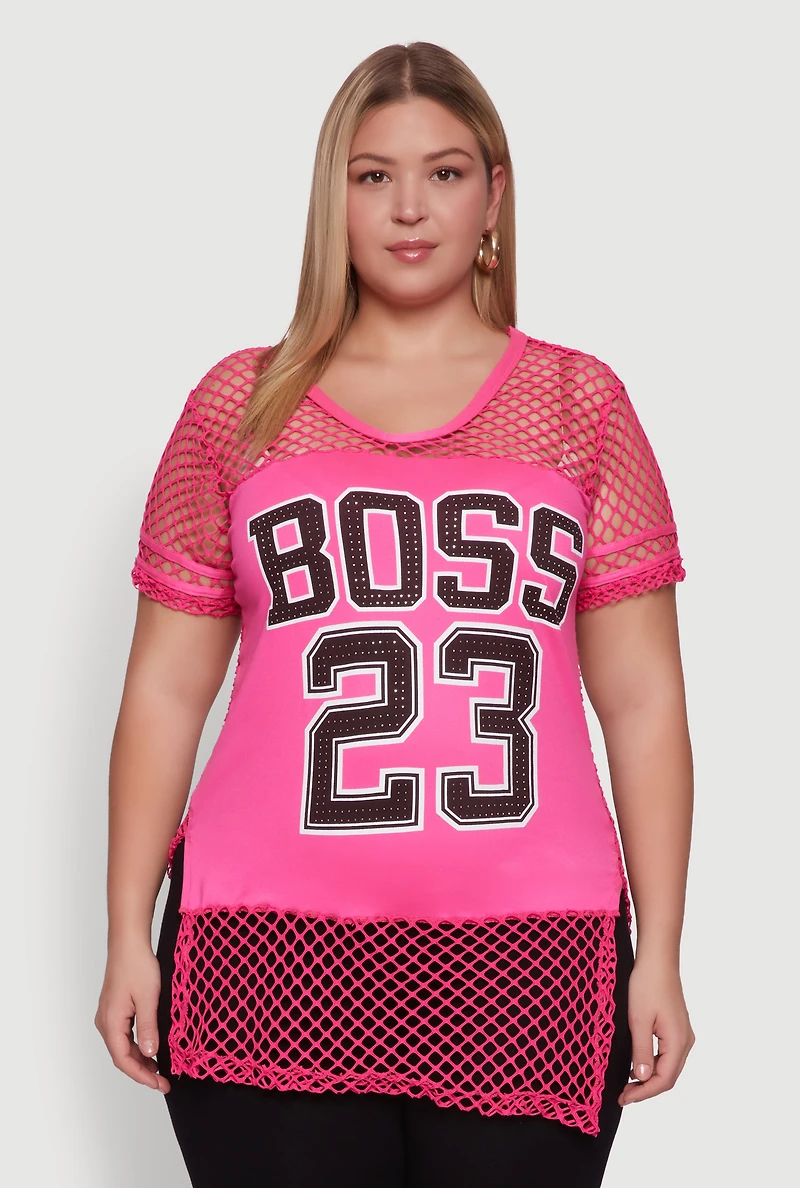 Womens Plus Fishnet Boss 23 Rhinestone Graphic Top with Varsity Stripe Details, Pink,