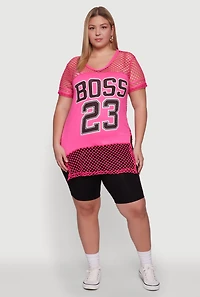 Womens Plus Fishnet Boss 23 Rhinestone Graphic Top with Varsity Stripe Details, Pink,