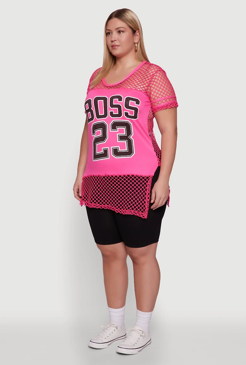 Womens Plus Fishnet Boss 23 Rhinestone Graphic Top with Varsity Stripe Details, Pink,
