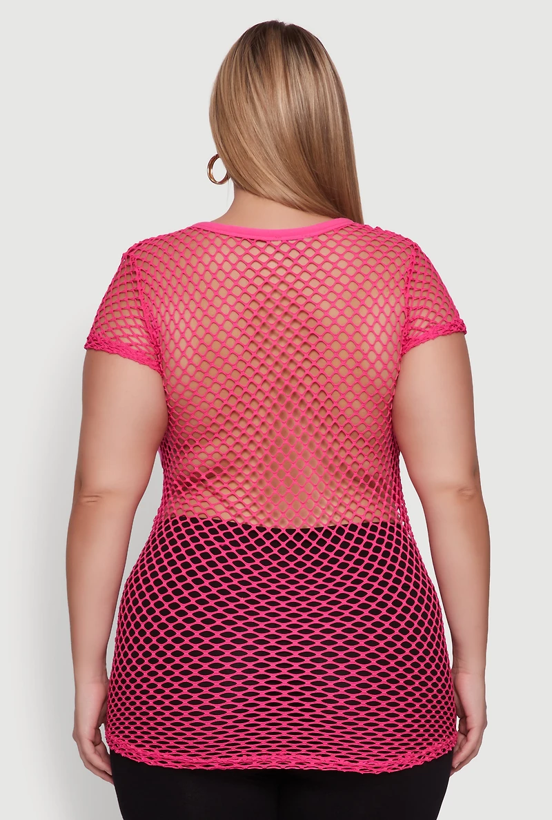 Womens Plus Fishnet Boss 23 Rhinestone Graphic Top with Varsity Stripe Details, Pink,
