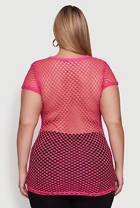 Womens Plus Fishnet Boss 23 Rhinestone Graphic Top with Varsity Stripe Details, Pink,