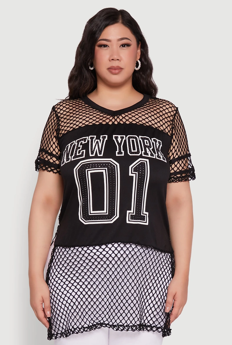 Womens Plus Fishnet New York Graphic Tee, Black,