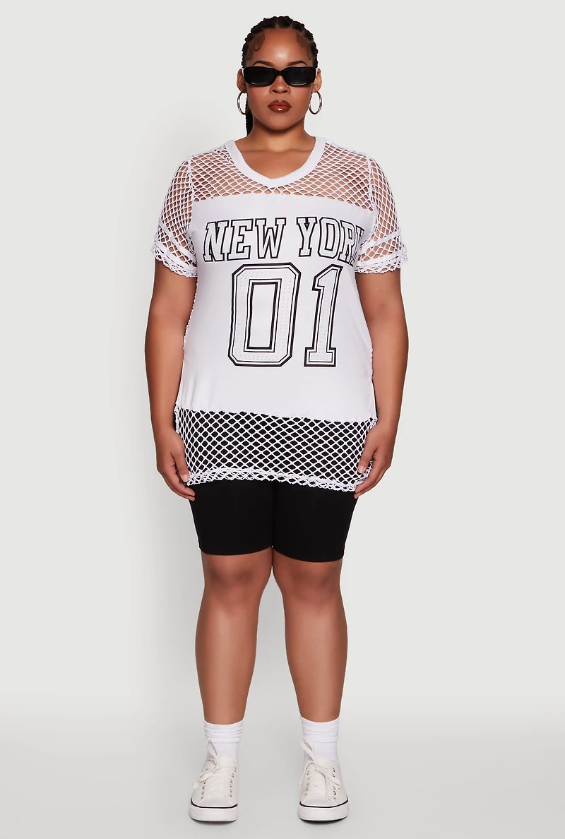 Womens Plus Size Fishnet New York Graphic Tee, White, Size 2X