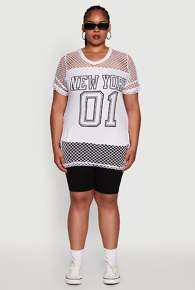 Womens Plus Size Fishnet New York Graphic Tee, White, Size 2X