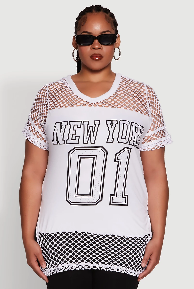Womens Plus Size Fishnet New York Graphic Tee, White, Size 2X