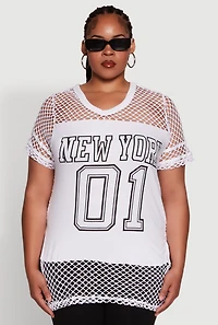 Womens Plus Size Fishnet New York Graphic Tee, White, Size 2X