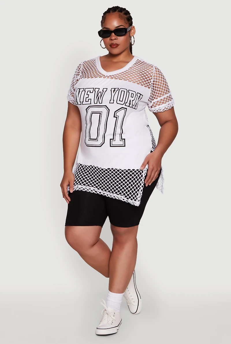 Womens Plus Size Fishnet New York Graphic Tee, White, Size 2X