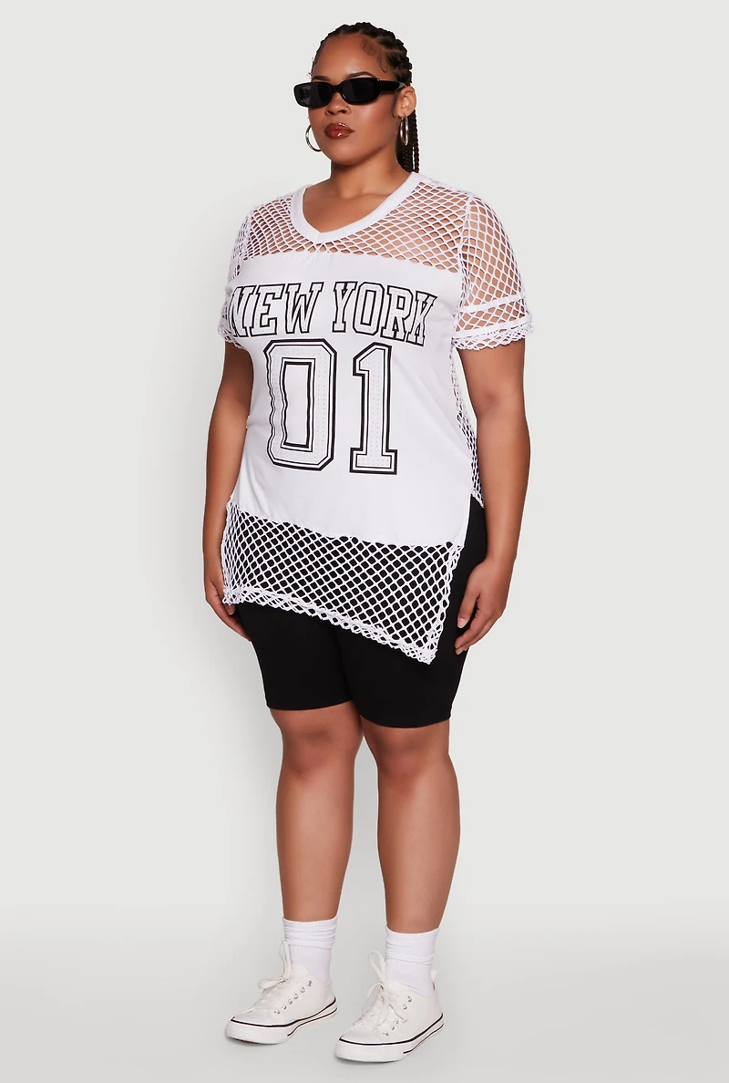 Womens Plus Size Fishnet New York Graphic Tee, White, Size 2X