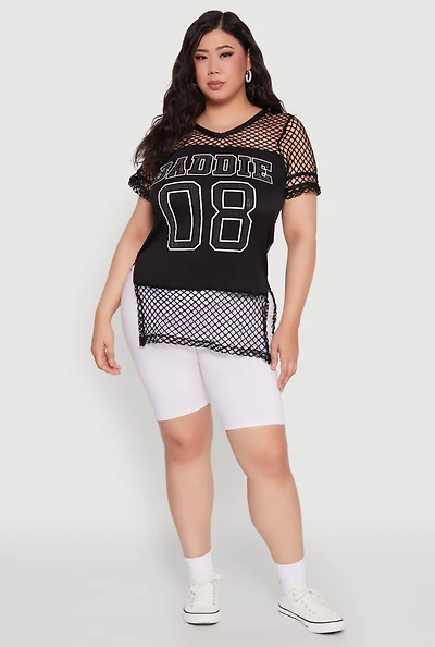Womens Plus Fishnet Baddie 08 Graphic Side Slit Tee,