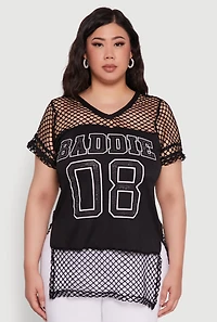 Womens Plus Fishnet Baddie 08 Graphic Side Slit Tee,