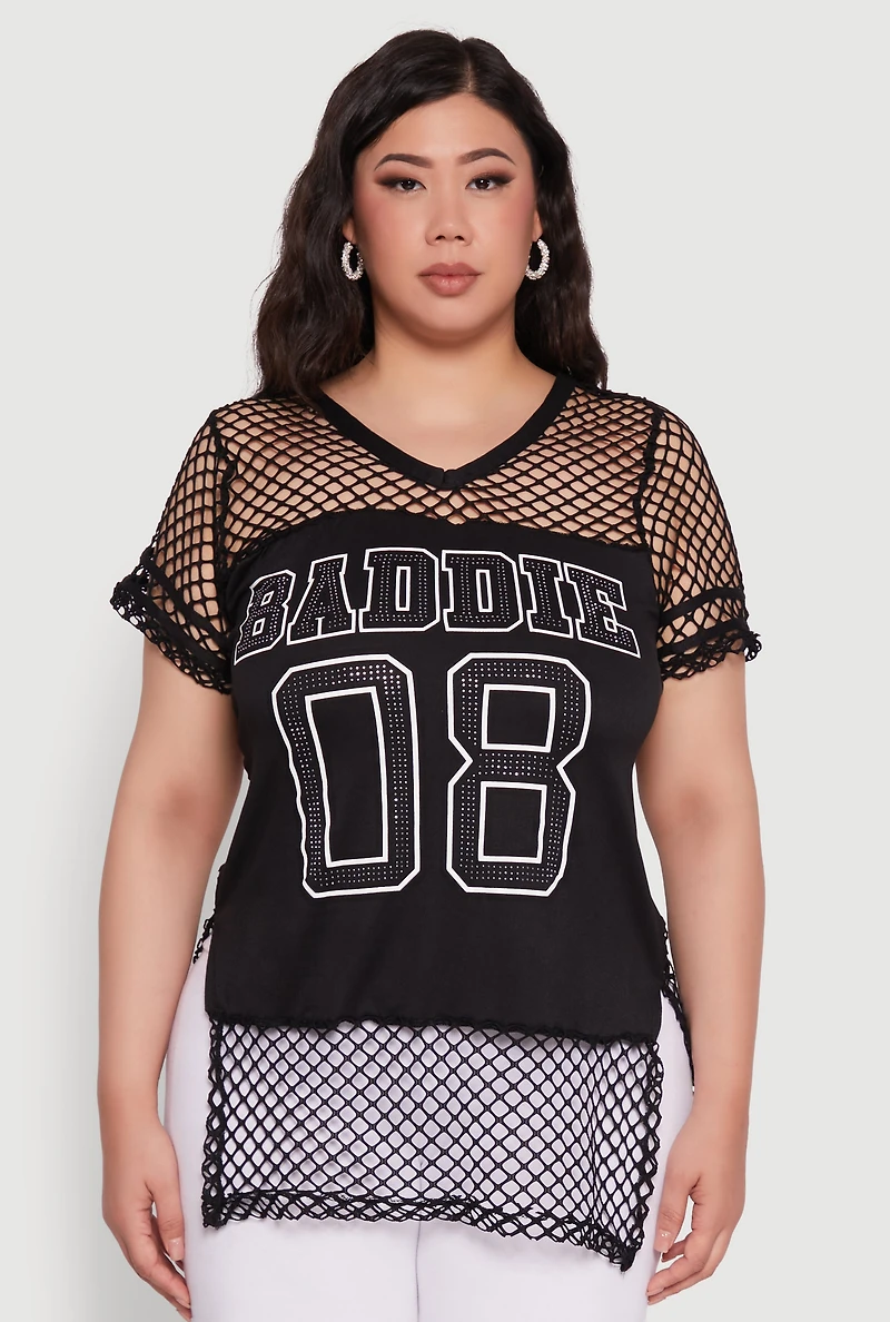 Womens Plus Size Fishnet Baddie 08 Graphic Side Slit Tee, Black, Size 3X