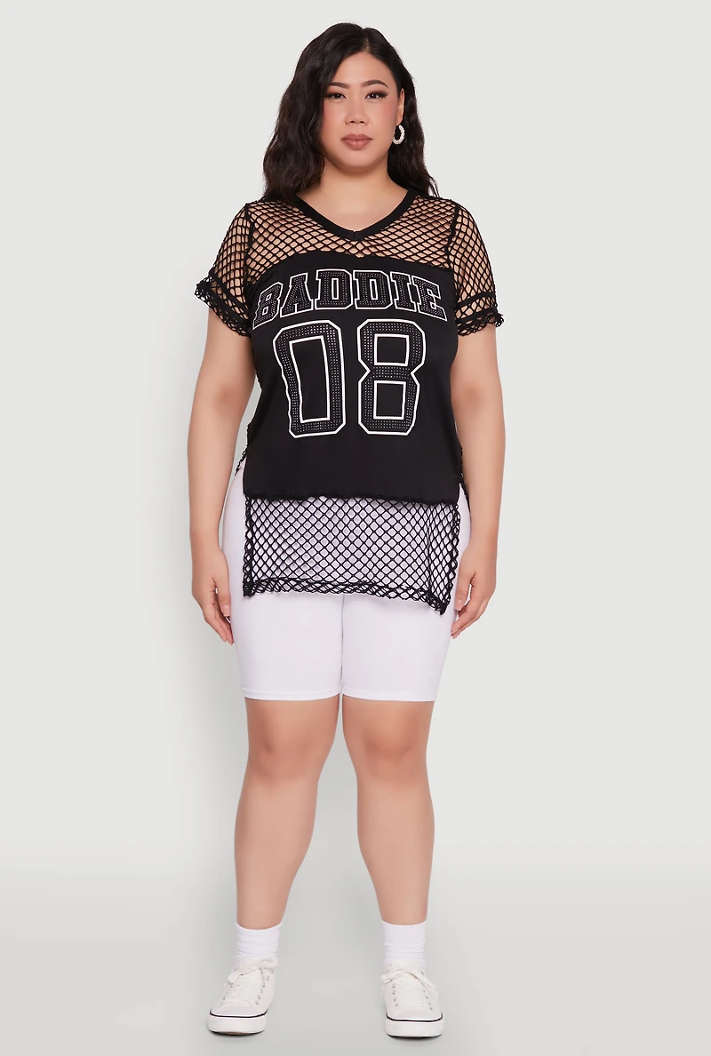 Womens Plus Size Fishnet Baddie 08 Graphic Side Slit Tee, Black, Size 3X