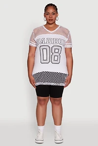 Womens Plus Fishnet Baddie 08 Graphic Side Slit Tee, White,