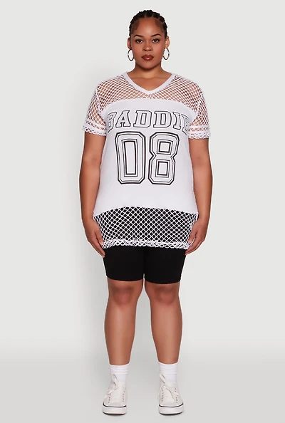 Womens Plus Size Fishnet Baddie 08 Graphic Side Slit Tee, White, Size 2X