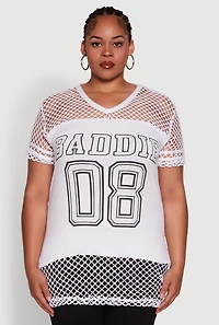 Womens Plus Fishnet Baddie 08 Graphic Side Slit Tee, White,