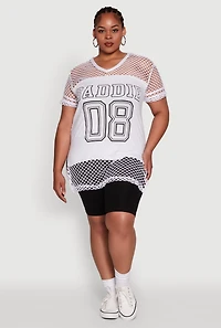 Womens Plus Fishnet Baddie 08 Graphic Side Slit Tee, White,