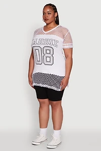 Womens Plus Fishnet Baddie 08 Graphic Side Slit Tee, White,