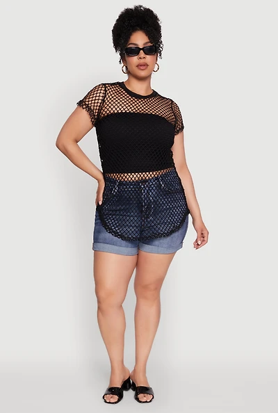 Womens Plus Chic Fishnet Crew Neck Tee,