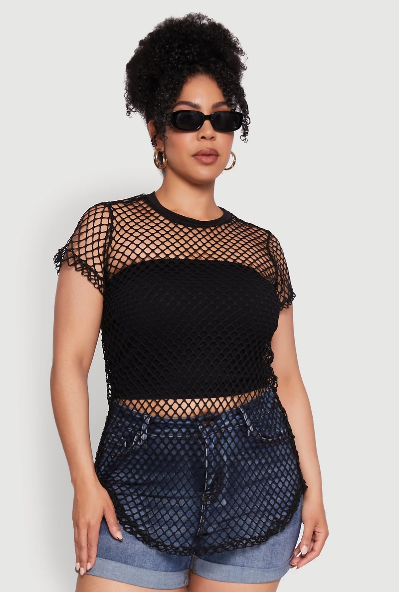 Womens Plus Size Chic Fishnet Crew Neck Tee, Black, Size 3X