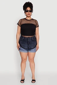 Womens Plus Size Chic Fishnet Crew Neck Tee, Black, Size 1X