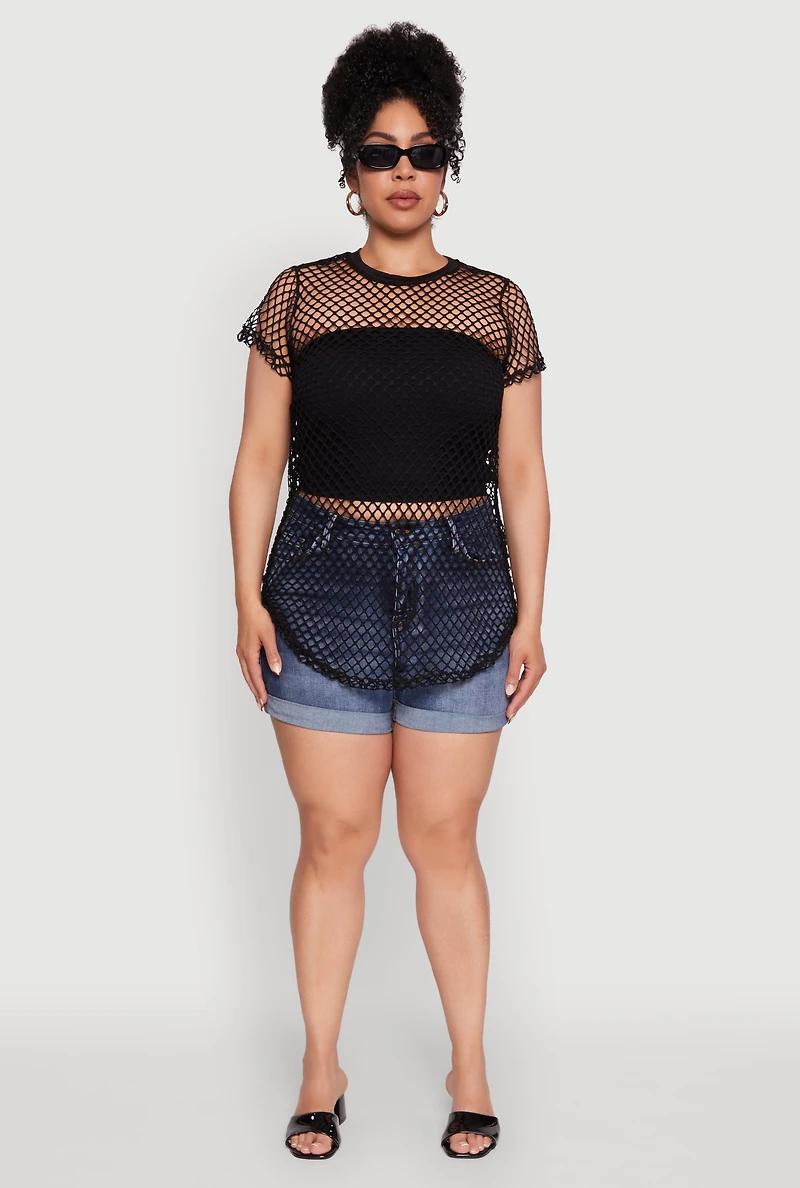 Womens Plus Size Chic Fishnet Crew Neck Tee, Black, Size 3X
