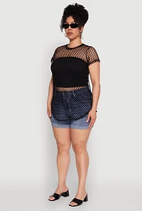 Womens Plus Size Chic Fishnet Crew Neck Tee, Black, Size 1X