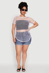Womens Plus Size Chic Fishnet Crew Neck Tee, White, Size 1X