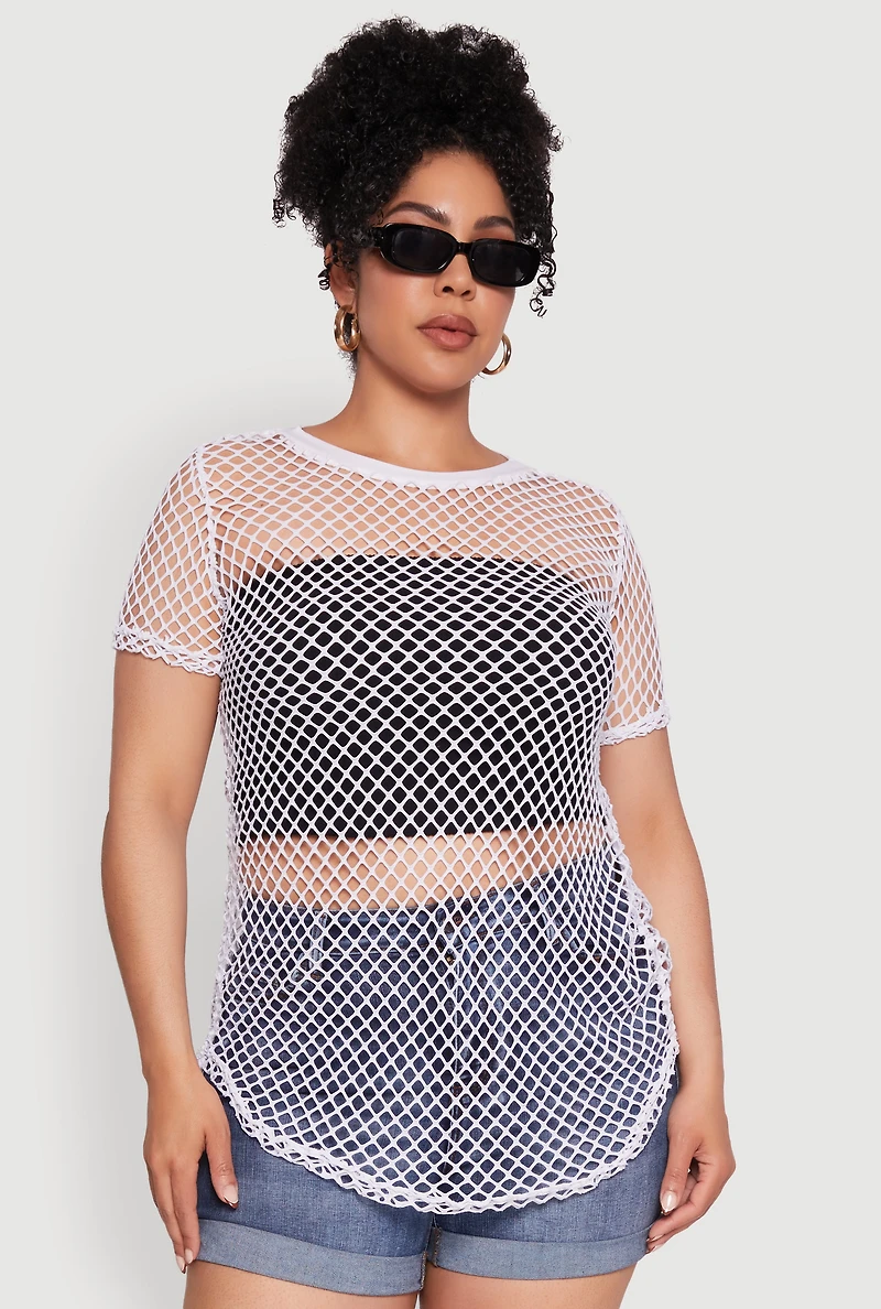 Womens Plus Size Chic Fishnet Crew Neck Tee, White, Size 1X