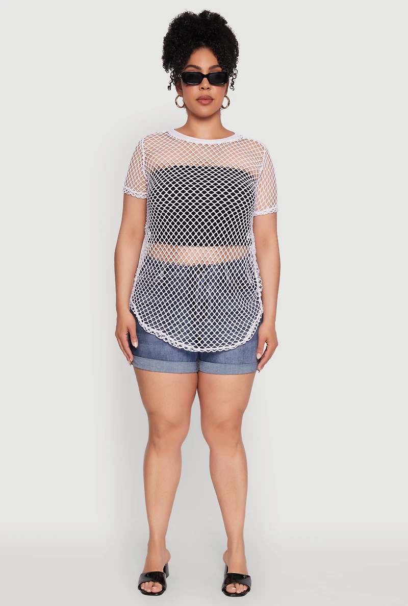 Womens Plus Size Chic Fishnet Crew Neck Tee, White, Size 1X