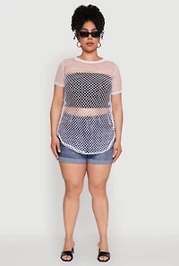 Womens Plus Size Chic Fishnet Crew Neck Tee, White, Size 1X