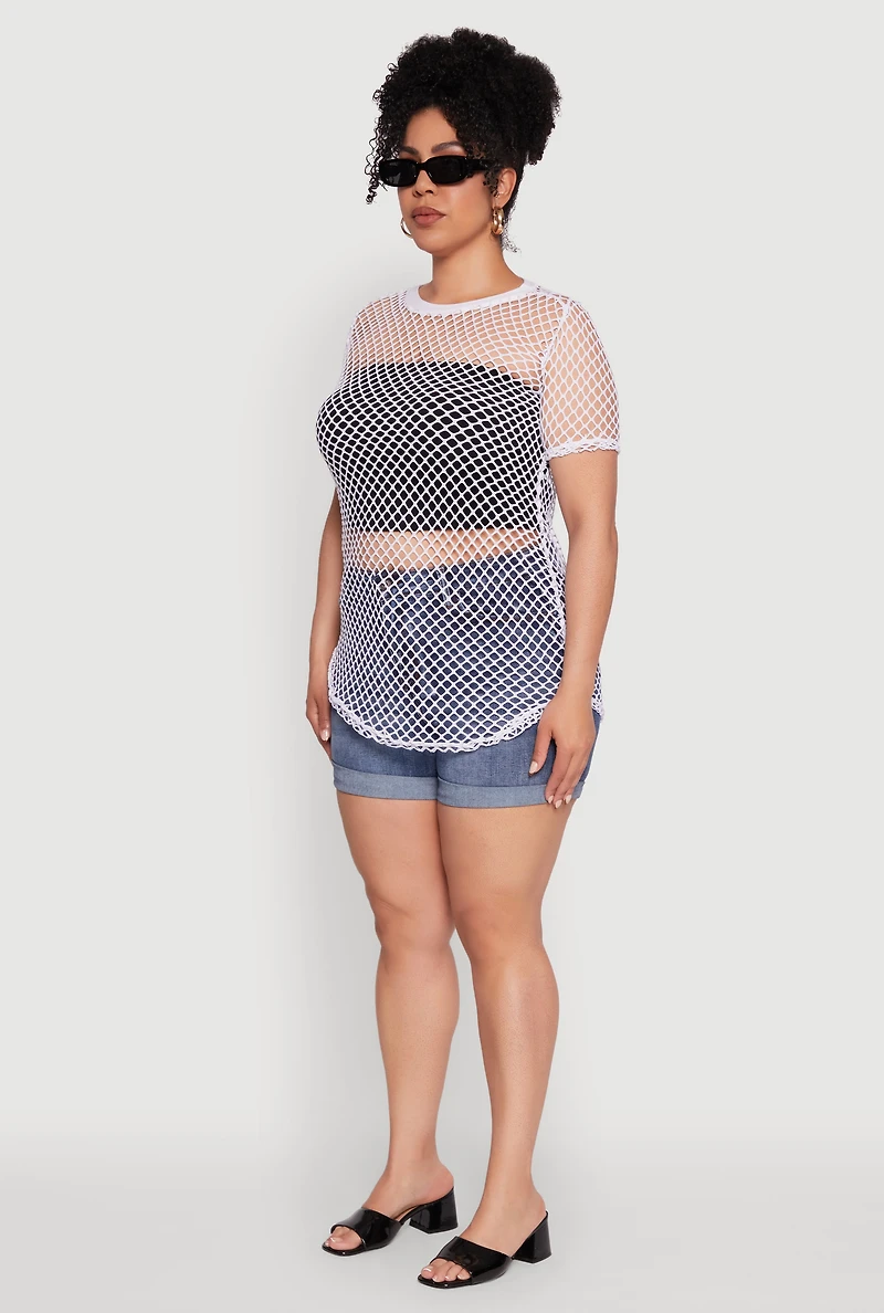 Womens Plus Size Chic Fishnet Crew Neck Tee, White, Size 1X