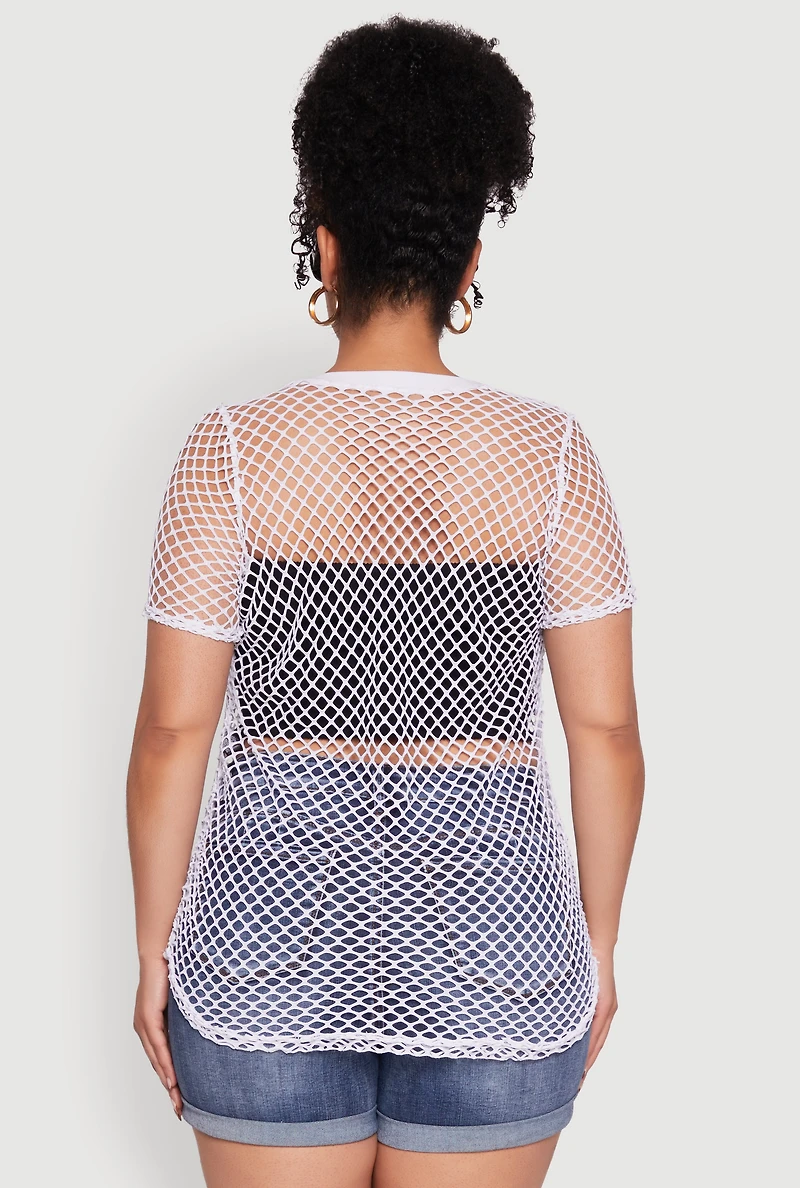 Womens Plus Size Chic Fishnet Crew Neck Tee, White, Size 1X