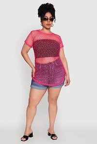 Womens Plus Size Chic Fishnet Crew Neck Tee, Pink, Size 4X