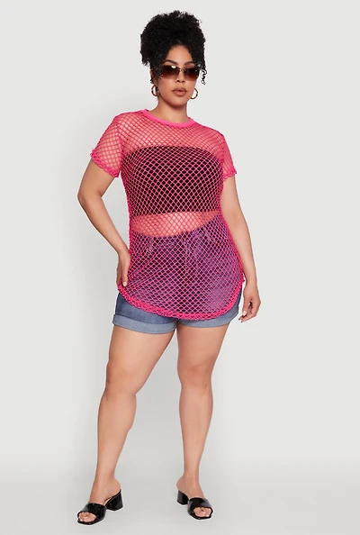 Womens Plus Size Chic Fishnet Crew Neck Tee, Pink, Size 1X