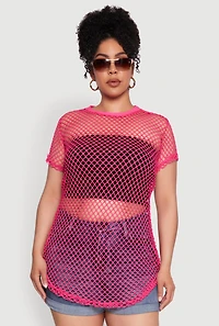 Womens Plus Size Chic Fishnet Crew Neck Tee, Pink, Size 4X