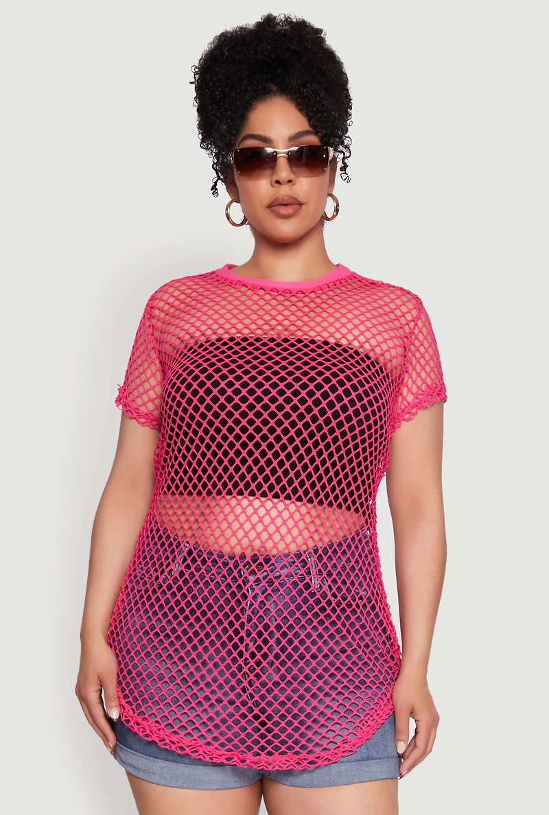 Womens Plus Size Chic Fishnet Crew Neck Tee, Pink, Size 1X