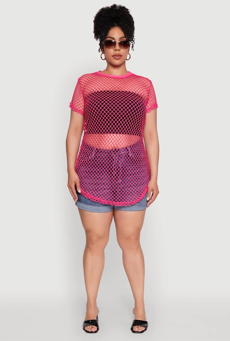 Womens Plus Size Chic Fishnet Crew Neck Tee, Pink, Size 1X